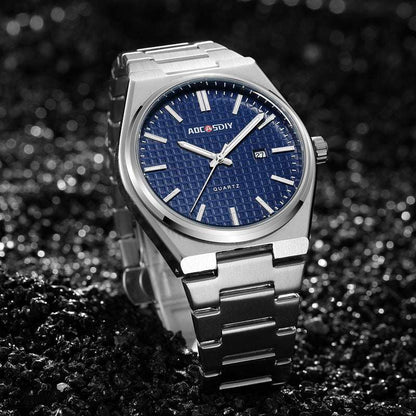 Men's steel strap wristwatch with deep blue textured dial and date window