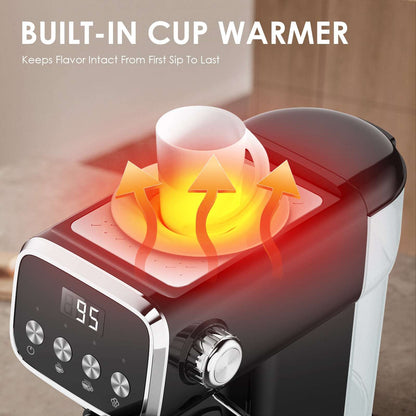 Espresso machine with illuminated cup warmer plate on top, black and silver
