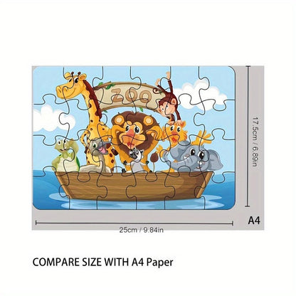 Zoo animal jigsaw puzzle board size shown: 25cm x 17.5cm, A4 comparison