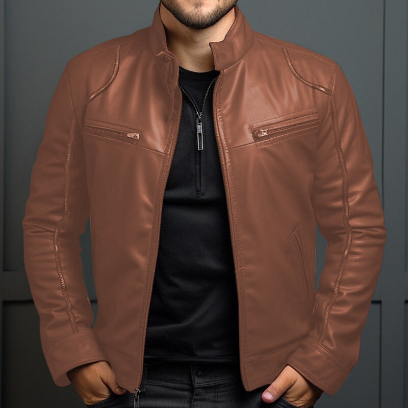 Men's Leather Motorcycle Jacket Men's Stand Collar Motorcycle Leather Ja | Ectron Online