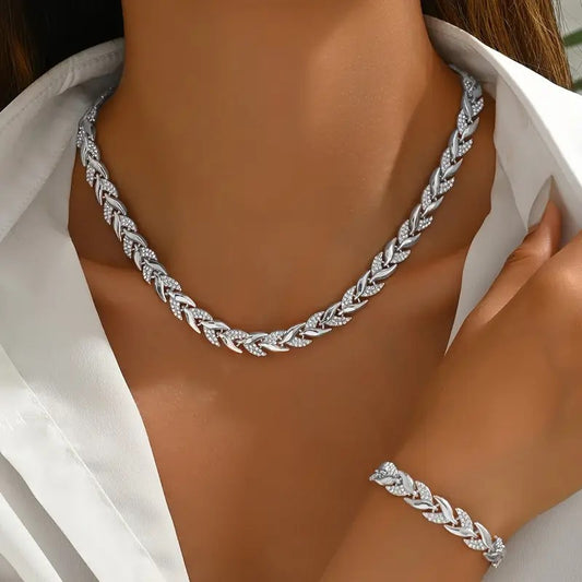 Glass Leaf Jewelry Set | Elegant Rhinestone Necklace & Bracelet