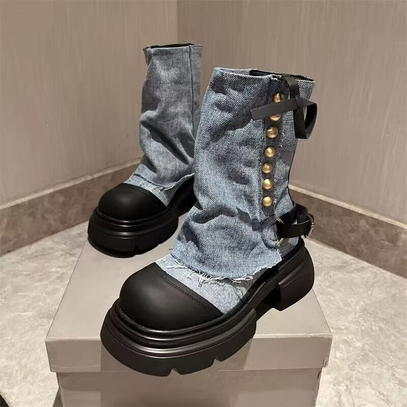 Women's Denim Ankle Boots - Metal Buckle Thick Bottom Casual Women's Shoes Denim Metal Buckle Ankle B | Ectron Online
