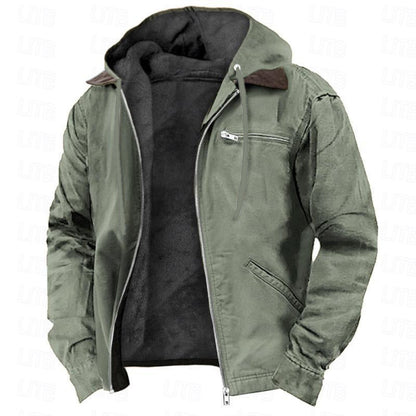 Men’s hooded fleece zip-up jacket in sage/green with black inner hood and zip pockets.