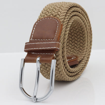 Simple Stretch And Breathable Canvas Woven Belt with a brown leather buckle and woven design.