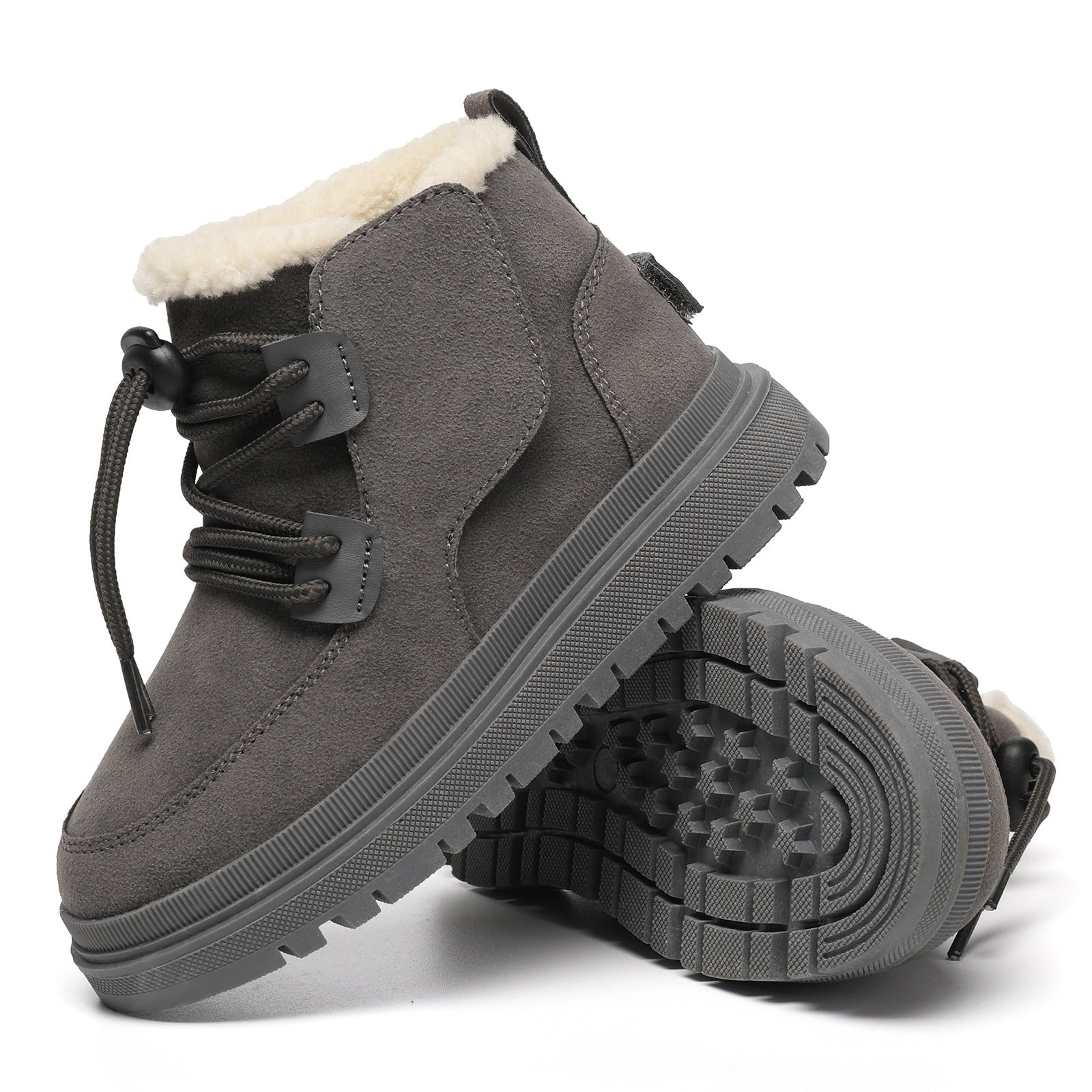Kids winter shoes, gray suede with fleece lining, lace-up with strap, textured non-slip sole