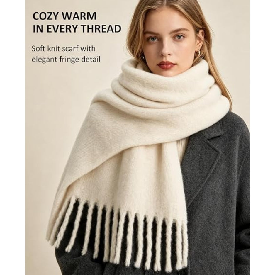 Women’s soft knit blanket scarf in cream with black fringe hem detail