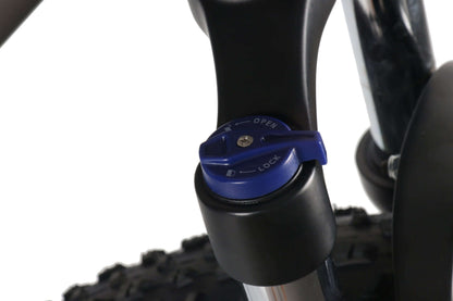 Frame-mounted lock with blue cover on black electric bike