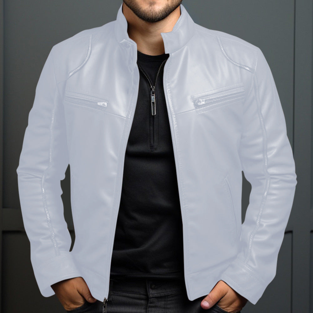 Men's Leather Motorcycle Jacket Men's Stand Collar Motorcycle Leather Ja | Ectron Online
