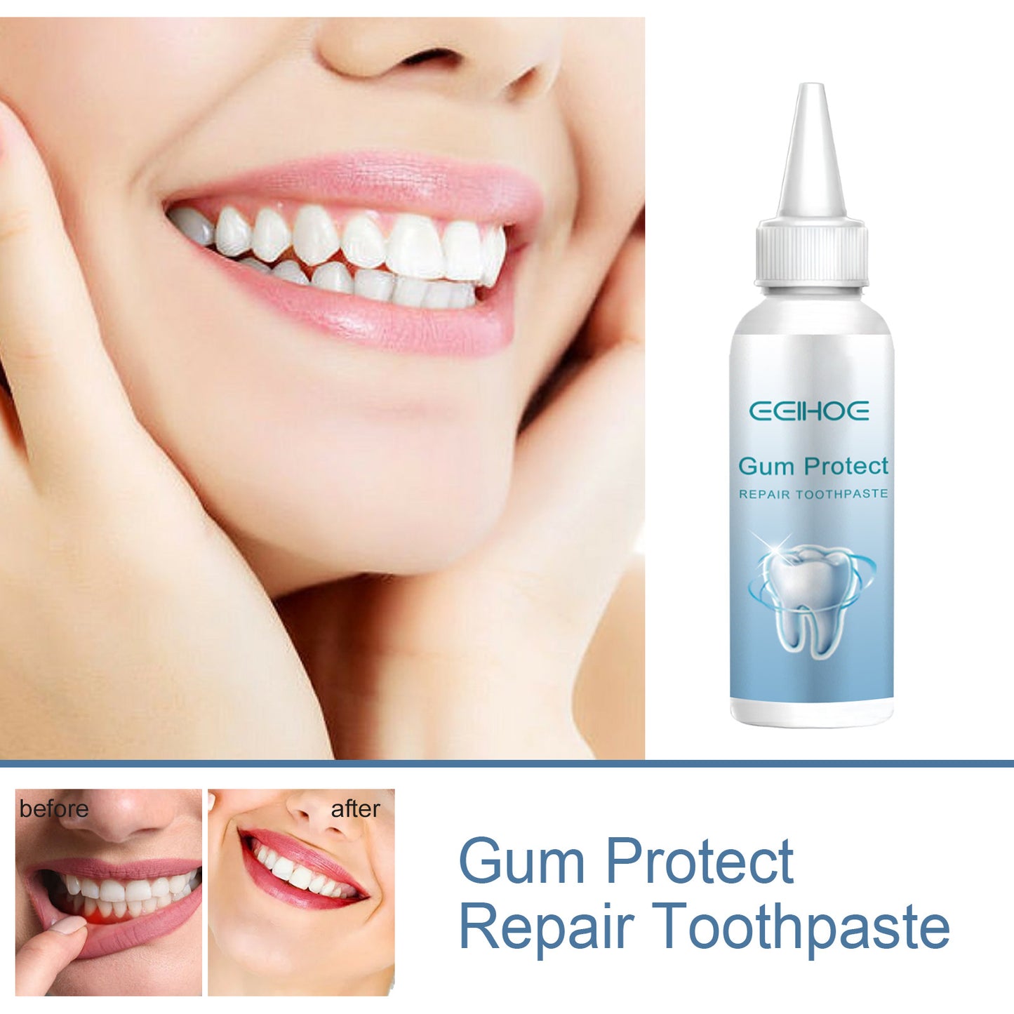 Gum Protect repair toothpaste bottle with a before and after image of teeth.