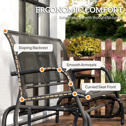 Black patio glider bench with sloping backrest, smooth armrests, curved seat front.