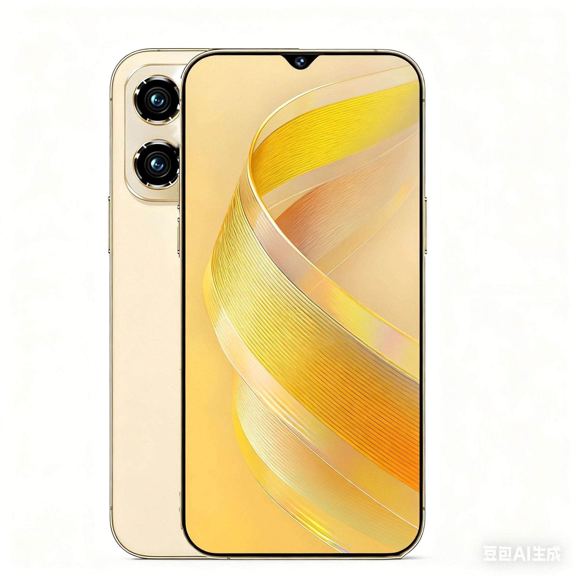 Unlocked smartphone with gold back, dual rear cameras, 6.3-inch touchscreen.