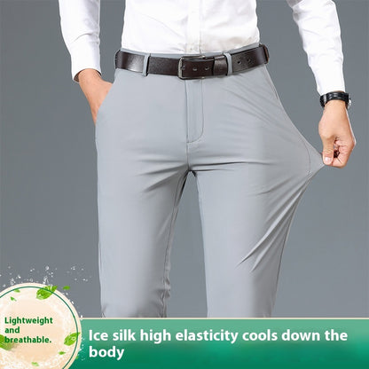 Gray men's casual pants with belt, smooth fabric and tapered legs