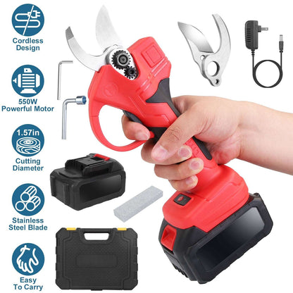 Red cordless electric pruning shears with curved blades and trigger handle