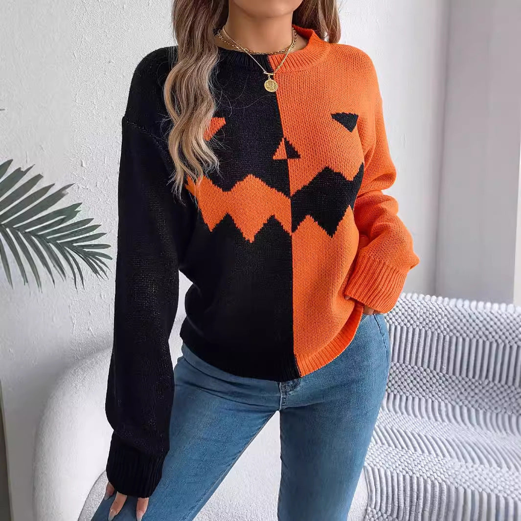 Women's Halloween Contrast-Color Sweater Halloween Contrast-color Pullover Sweate | Ectron Online