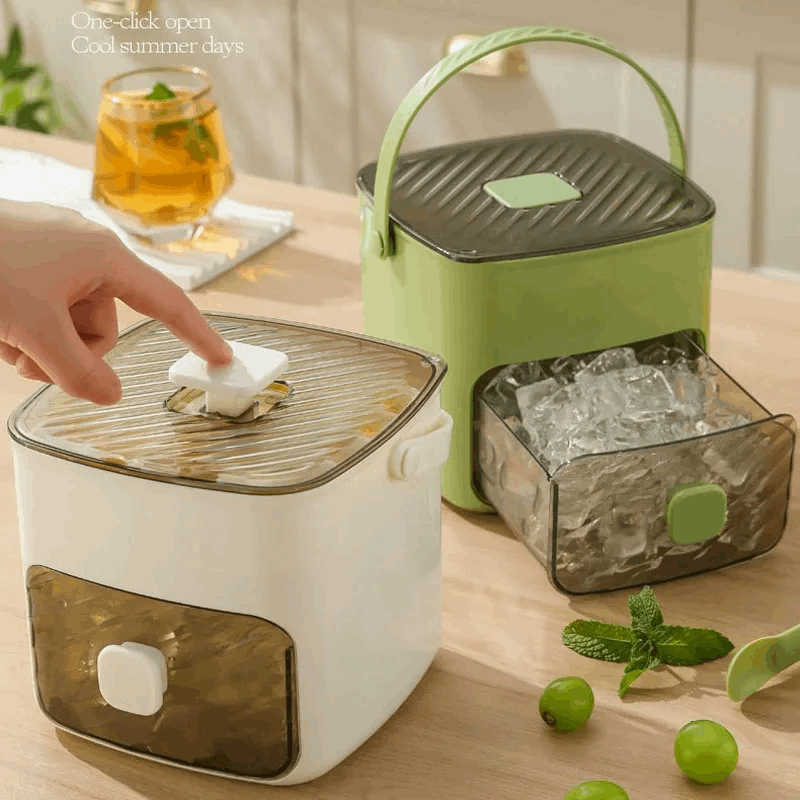 Green one-touch ice cube tray with hinged lid, release mold grid, and clear storage bin