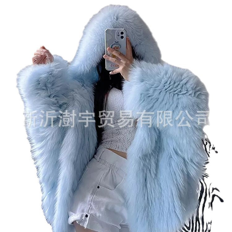 Women's Large Size Fox Fur Hooded Coat