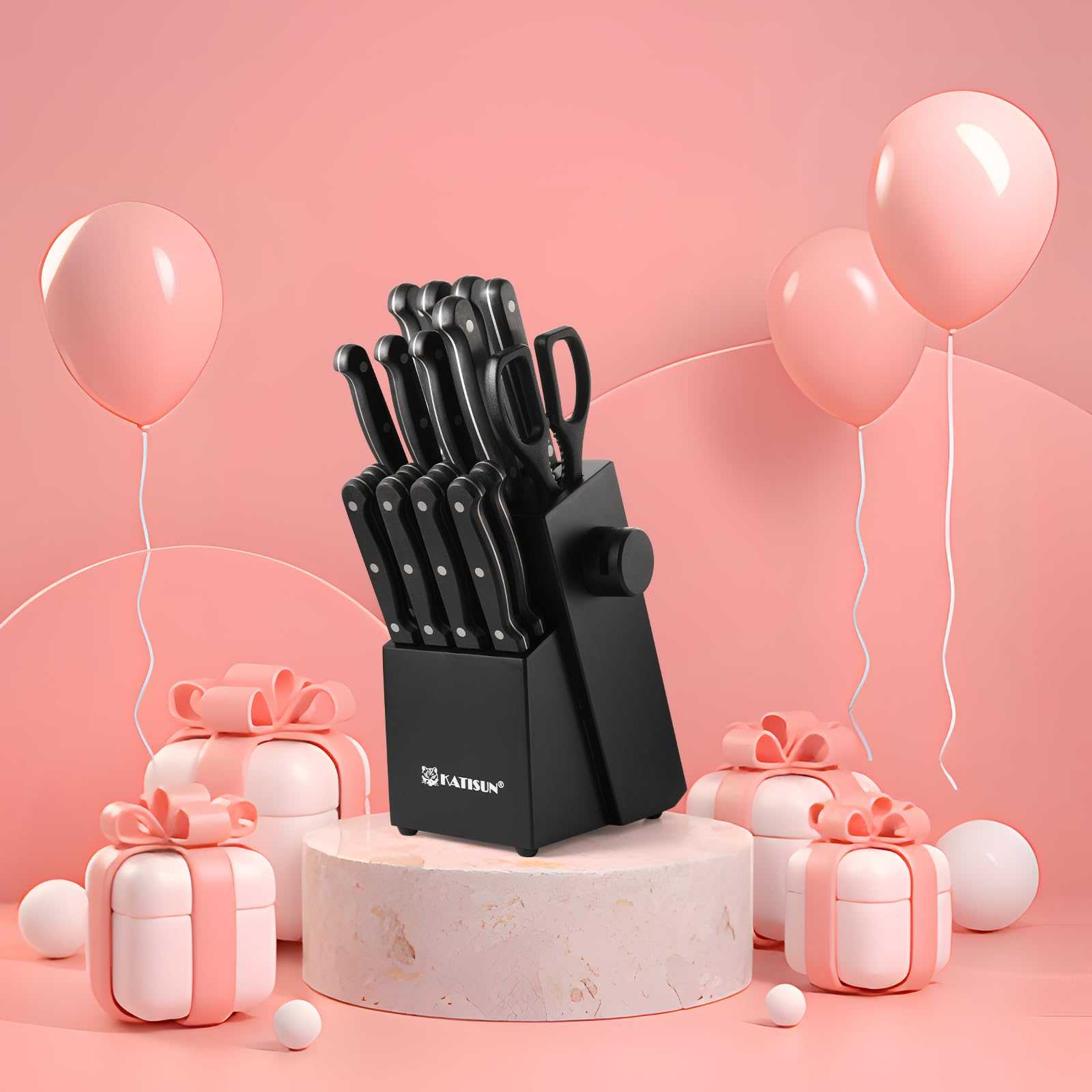 Black knife storage block with several knives and a chef knife
