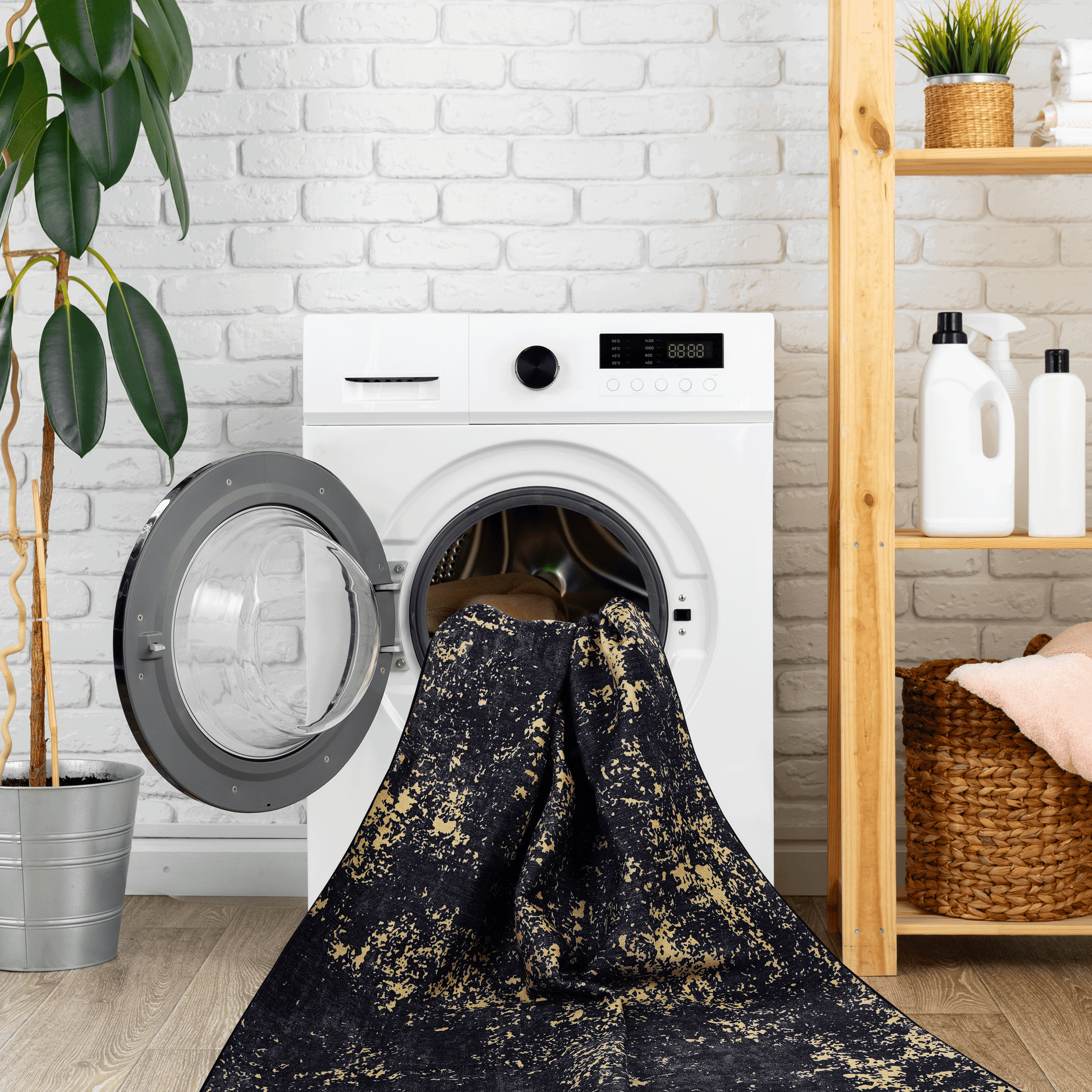 Maval Black & Gold Washable Doormat - 2x3 Small Entryway Rug