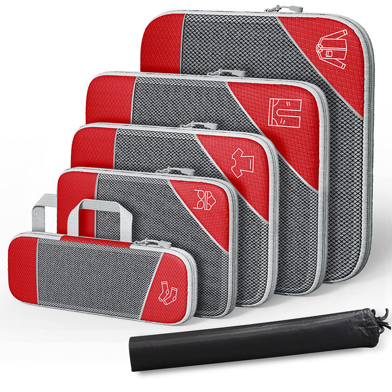 Luggage organizer set with zipper compression bags and shoe bag, red and gray with storage