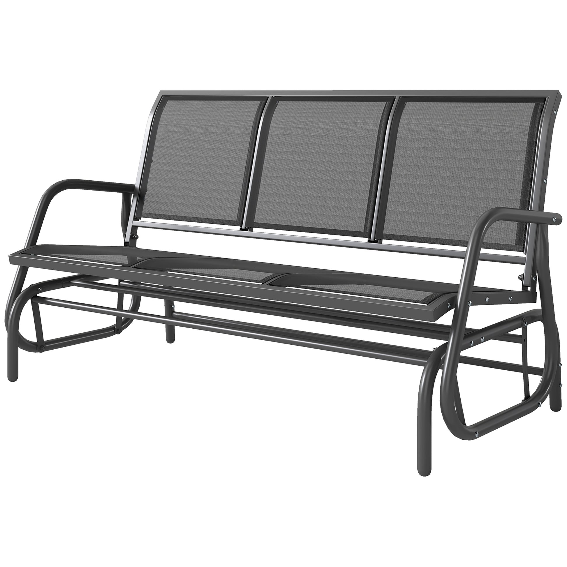 Black patio glider bench with three mesh back panels and curved base rockers.
