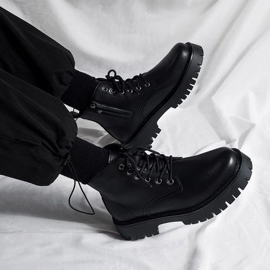 Men's High-top Side Zipper Leather Shoes Black Mid-Top Increased By Worker Boot