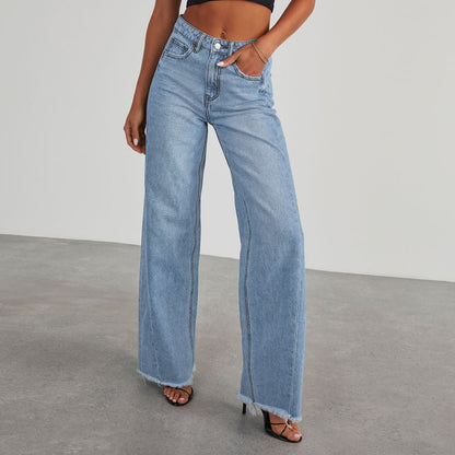 A collage of four images showing high-waisted straight-leg jeans in various colors including blue, light blue, grey, and black, with a model wearing the jeans.