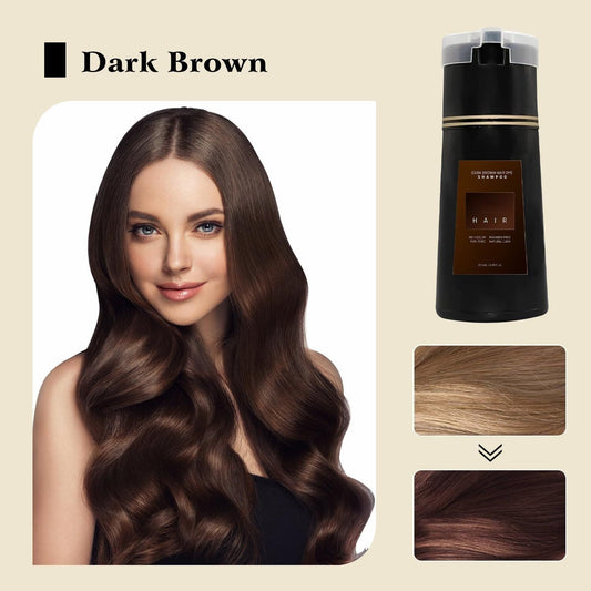 Woman with dark brown hair next to a hair product labeled 'Dark Brown'.