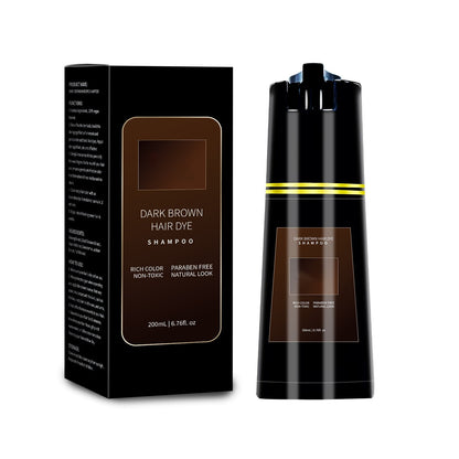 Dark brown hair dye shampoo with packaging on a white background