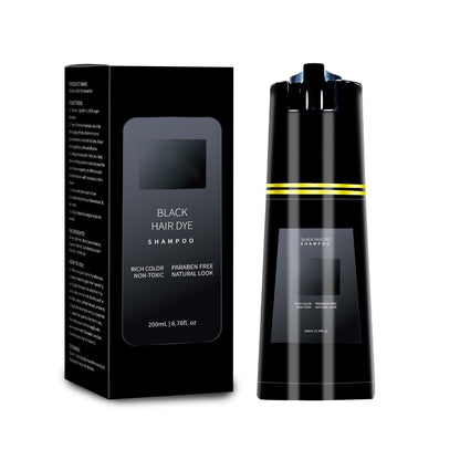 Black hair dye shampoo bottle and packaging on a white background