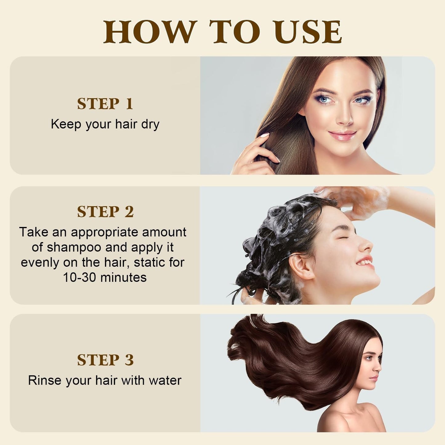 Instructions on how to use shampoo with images of a woman applying shampoo and rinsing her hair.