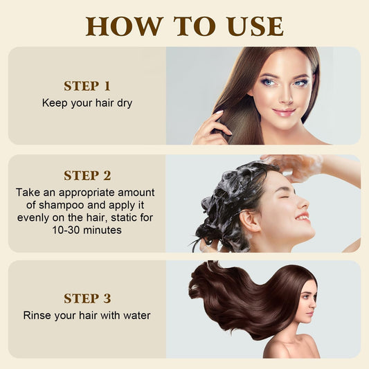 Instructions on how to use shampoo with images of a woman applying shampoo and rinsing her hair.