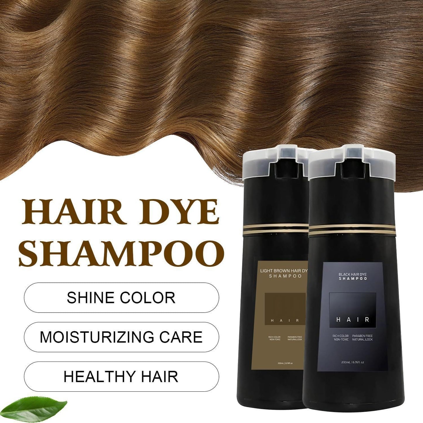 Hair dye shampoo bottles with brown hair and product features on a white background