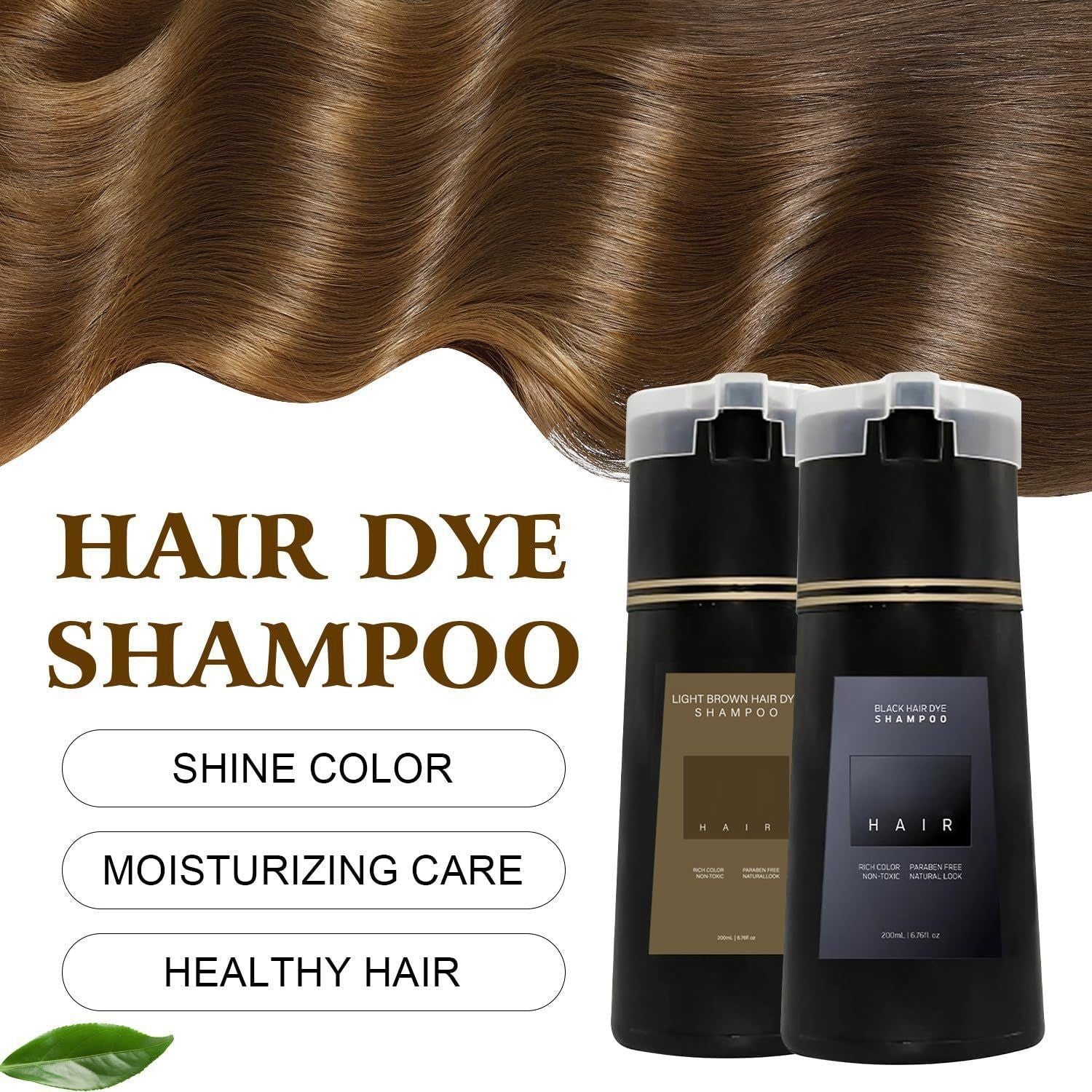 Hair dye shampoo bottles with brown hair and product features on a white background