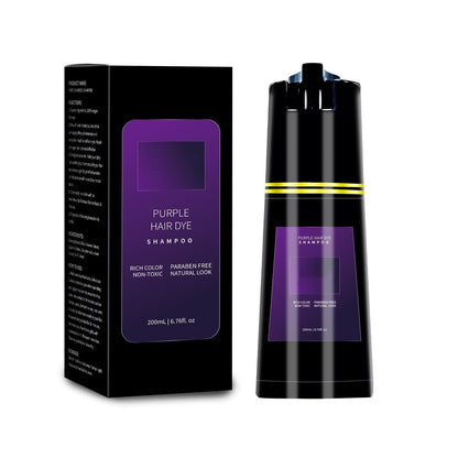 Purple hair dye shampoo bottle and packaging on a white background