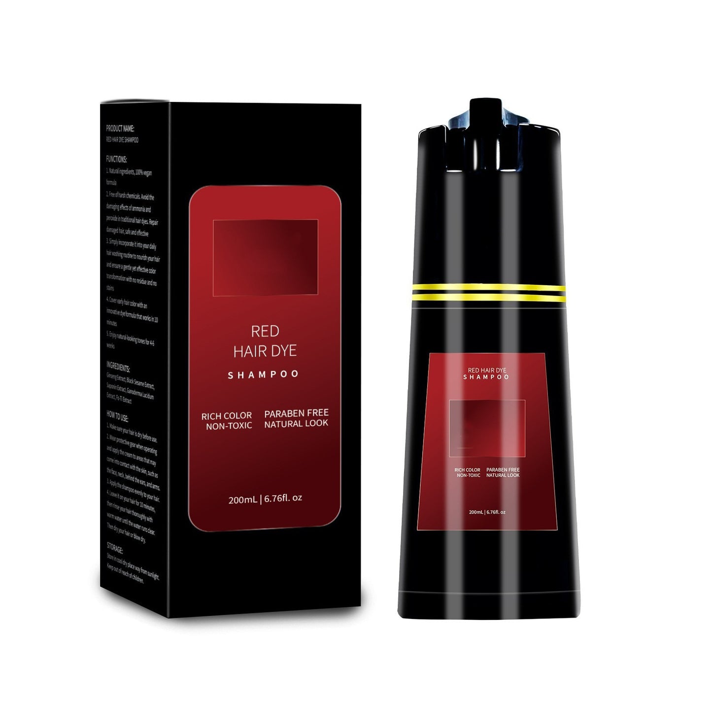 Red hair dye shampoo bottle and packaging on a white background