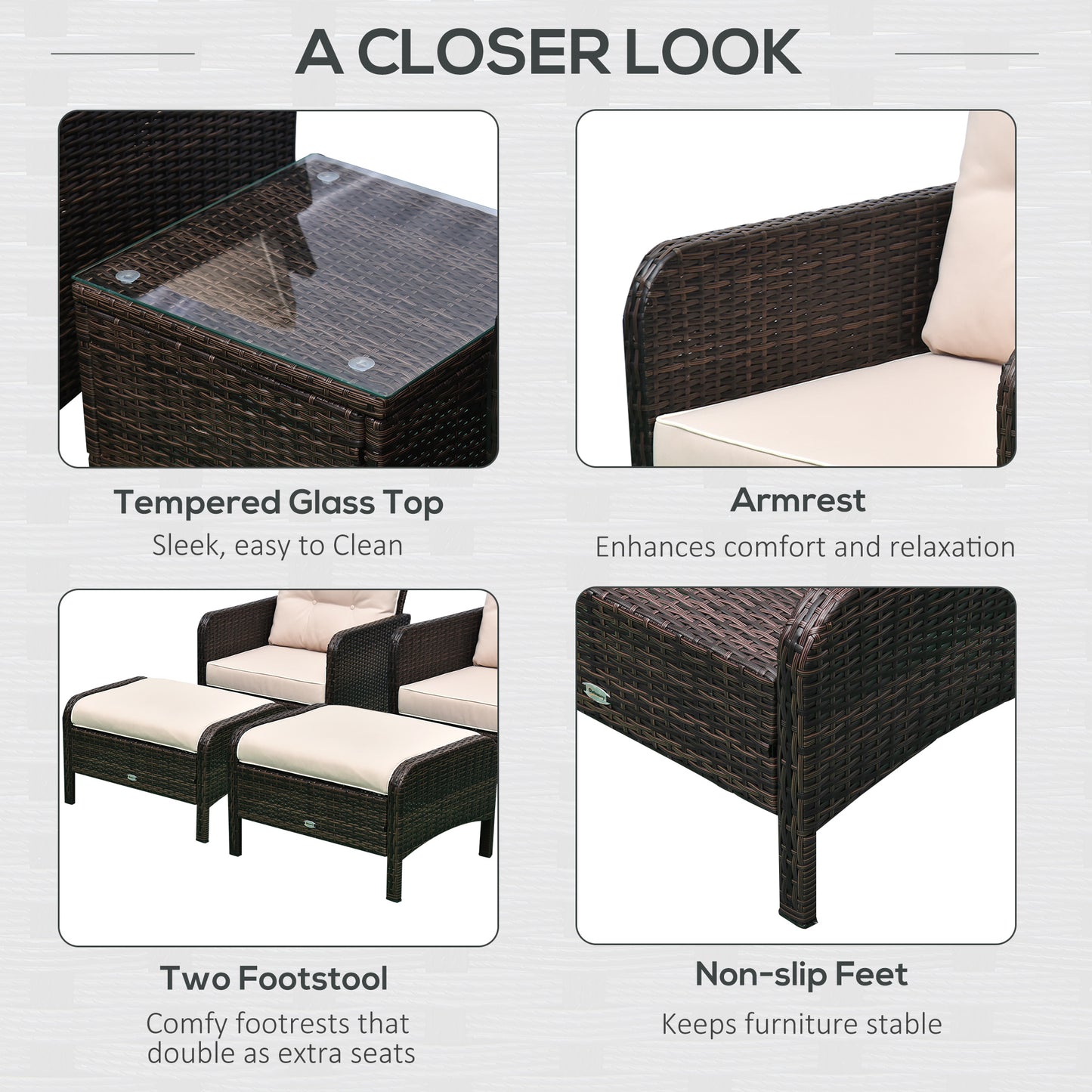 Wicker ottoman with tempered glass top, beige cushion, and dark frame armrests