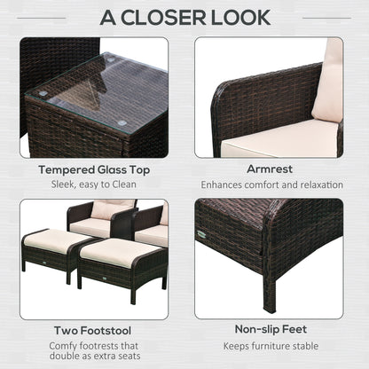 Wicker ottoman with tempered glass top, beige cushion, and dark frame armrests