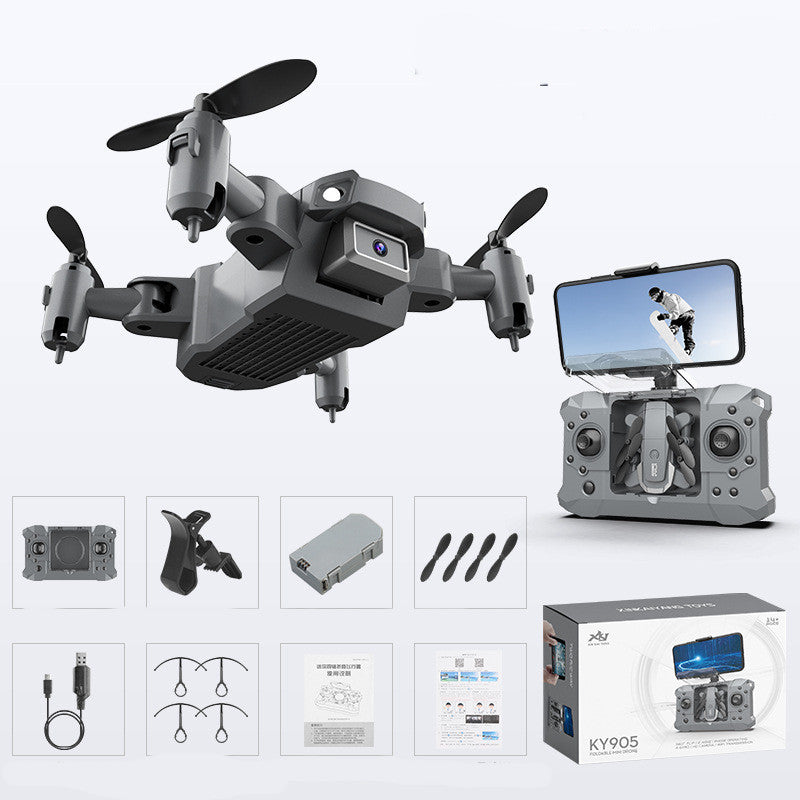 Gray four-axis mini drone with camera and phone-screen controller unit