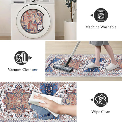 Boho kitchen rug set on floor with machine-wash and cleaning icons