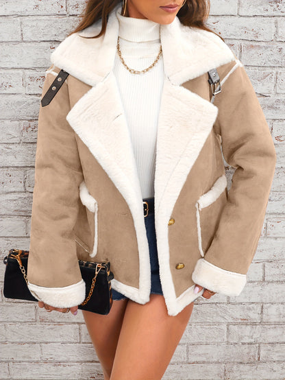 Women's Plush Polo Collar Jacket - Warm Casual Winter Fleece Coat Fashion Polo Collar Plush Jacket Winter | Ectron Online