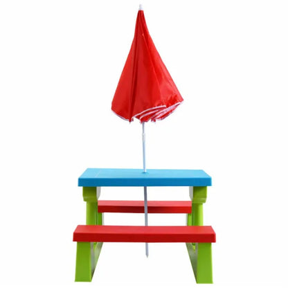 Kids picnic table set with red umbrella, blue tabletop, green legs, red bench seats