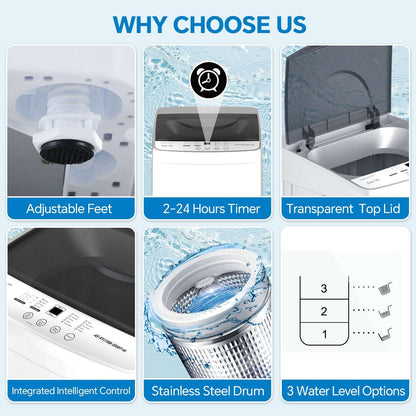 Washing machine feature chart showing adjustable feet, timer, and transparent top lid