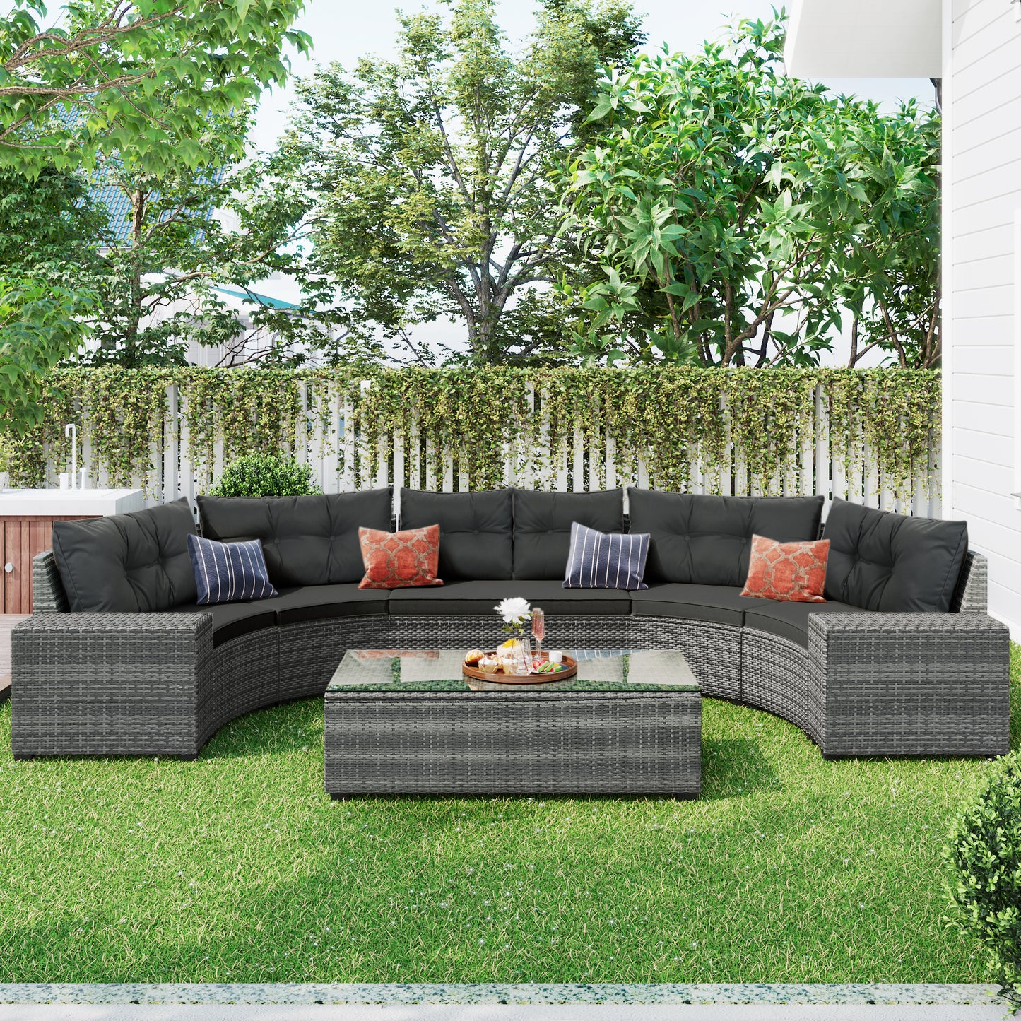 8-Piece Outdoor Wicker Round Sofa Set - Half-Moon Sectional Gray