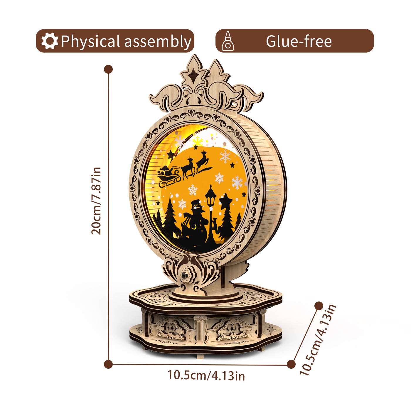 Decorative wooden ornament with measurements on a white background