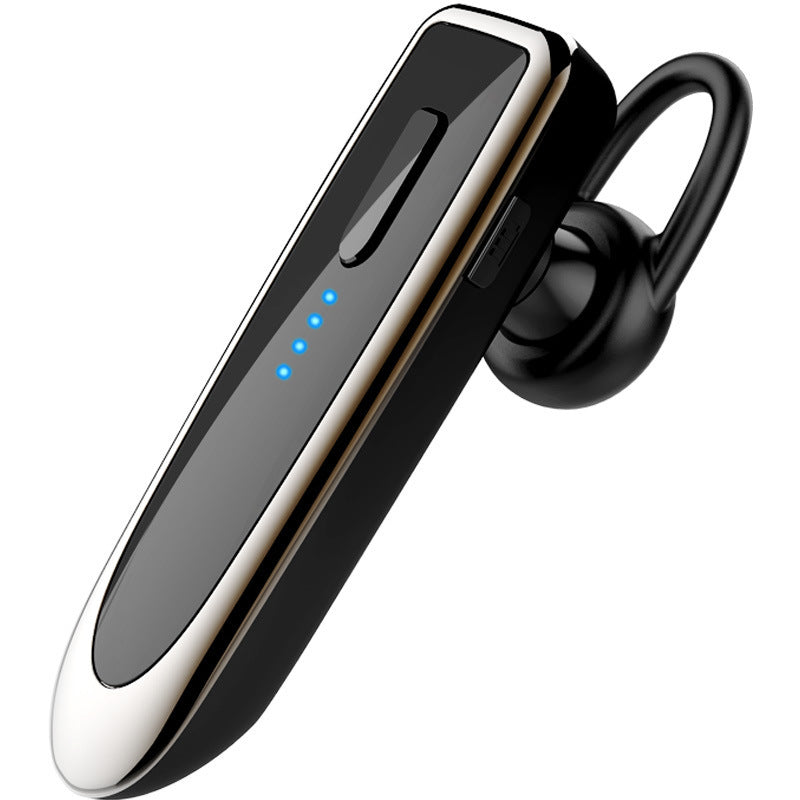 Business wireless Bluetooth headset with silver body, black earpiece, and blue indicator