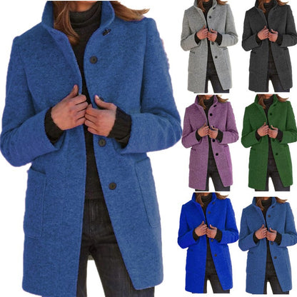 Women's Stand Collar Woolen Coat with Pockets | Casual Winter Jacket Fashion Stand Collar Woolen Coat With Po | Ectron Online