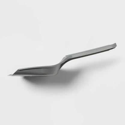 Grey plastic litter scoop with long handle and shallow perforated tray