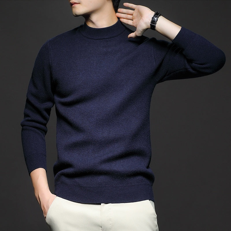 Men's worsted knit sweater, crew neck, long sleeves, navy blue