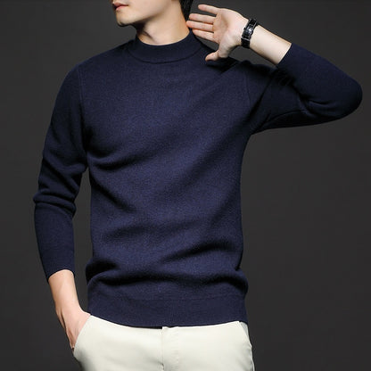 Men's worsted knit sweater, crew neck, long sleeves, navy blue