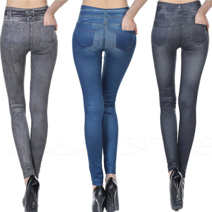 High-waisted jeggings in gray and blue washes, faux pockets and belt loops